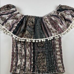 Raga Boho Off Shoulder Smocked Top Pom Trim Women’s Size M